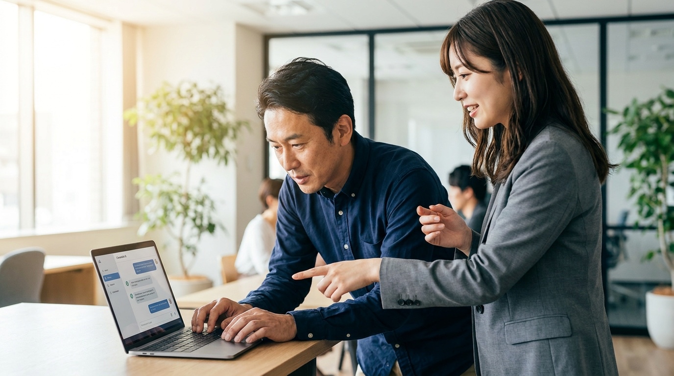 生成AIの使い方を若手社員から学ぶ日本人の管理職男性。管理職のリスキリングと世代を超えた相互学習のイメージ