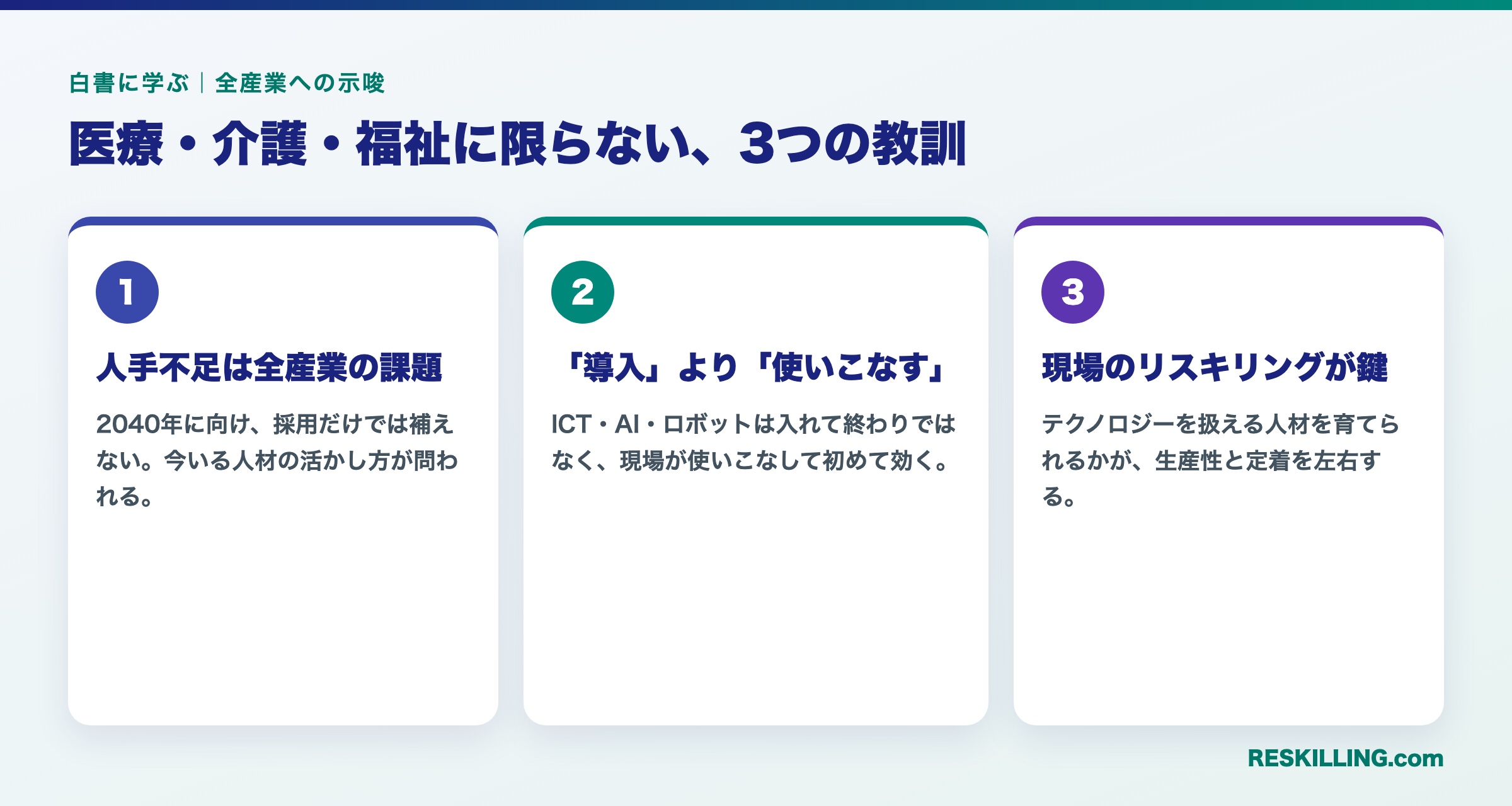 厚生労働白書に学ぶ全産業への3つの教訓:①人手不足は全産業の課題②「導入」より「使いこなす」③現場のリスキリングが鍵